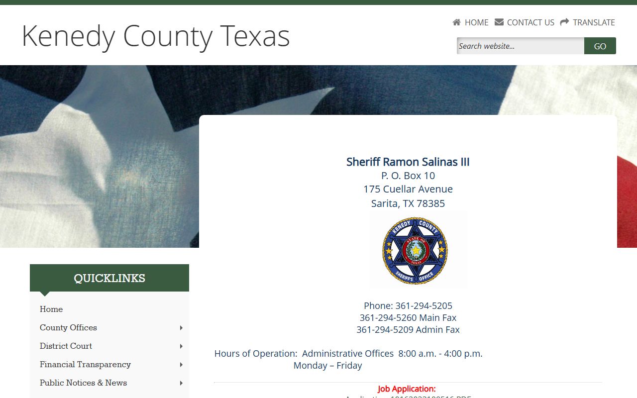Kenedy County inmate population sheriff page with custody lookup link