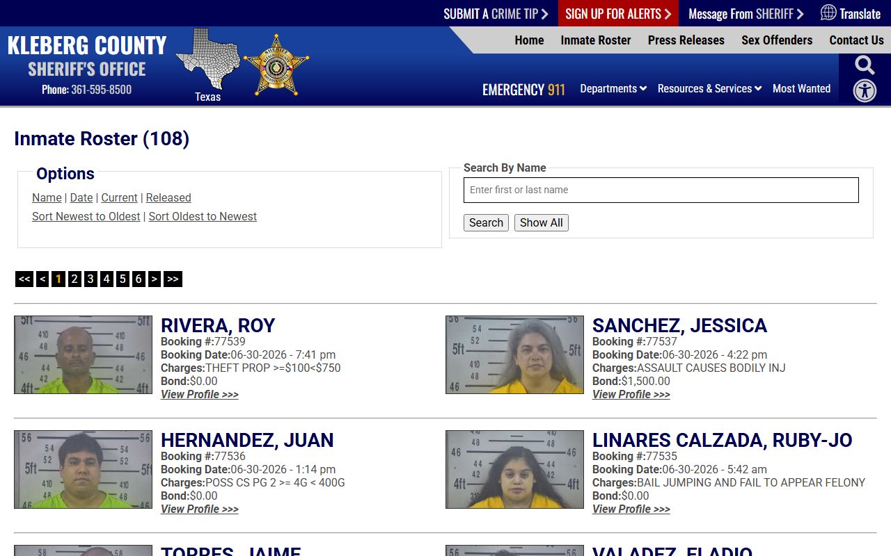 Kenedy County inmate population current roster search through Kleberg Sheriff