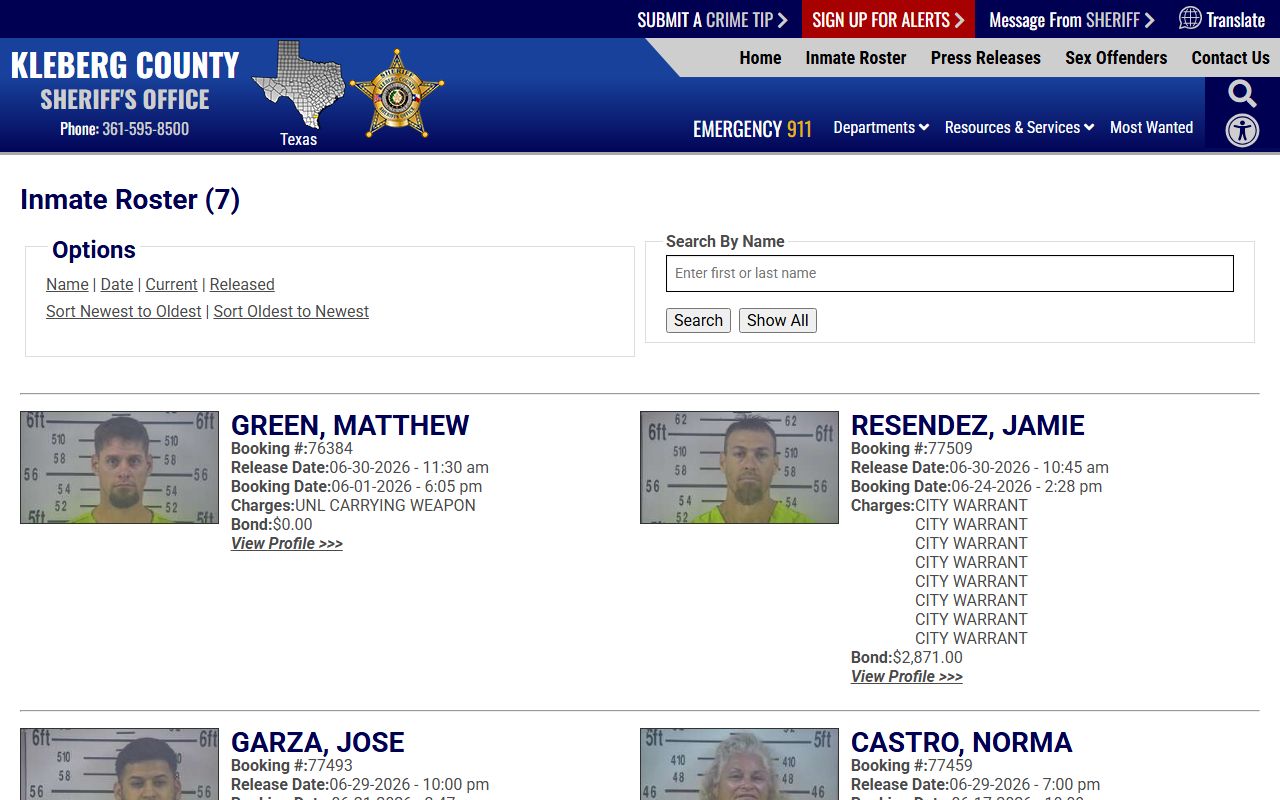 Kenedy County inmate records released roster view through Kleberg County Sheriff