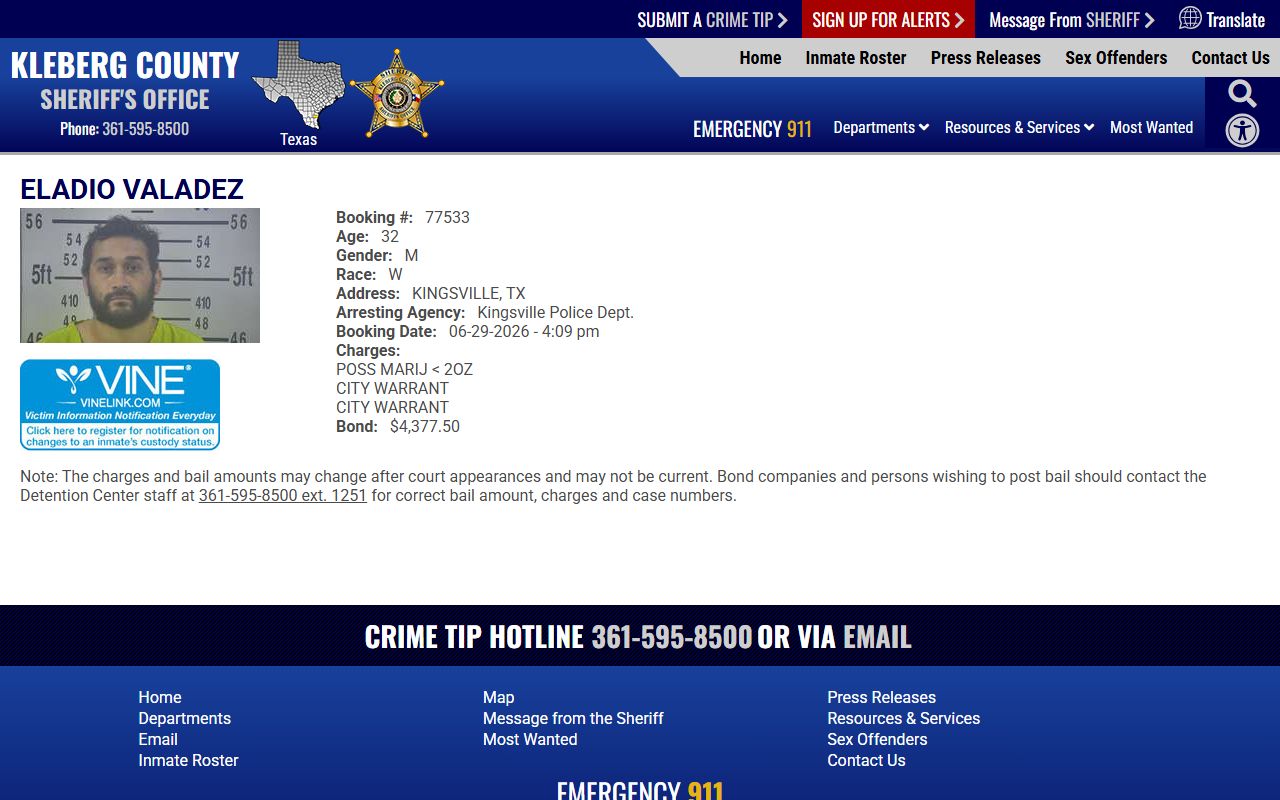 Kenedy County inmate records sample roster profile with mugshot and VINELink fields