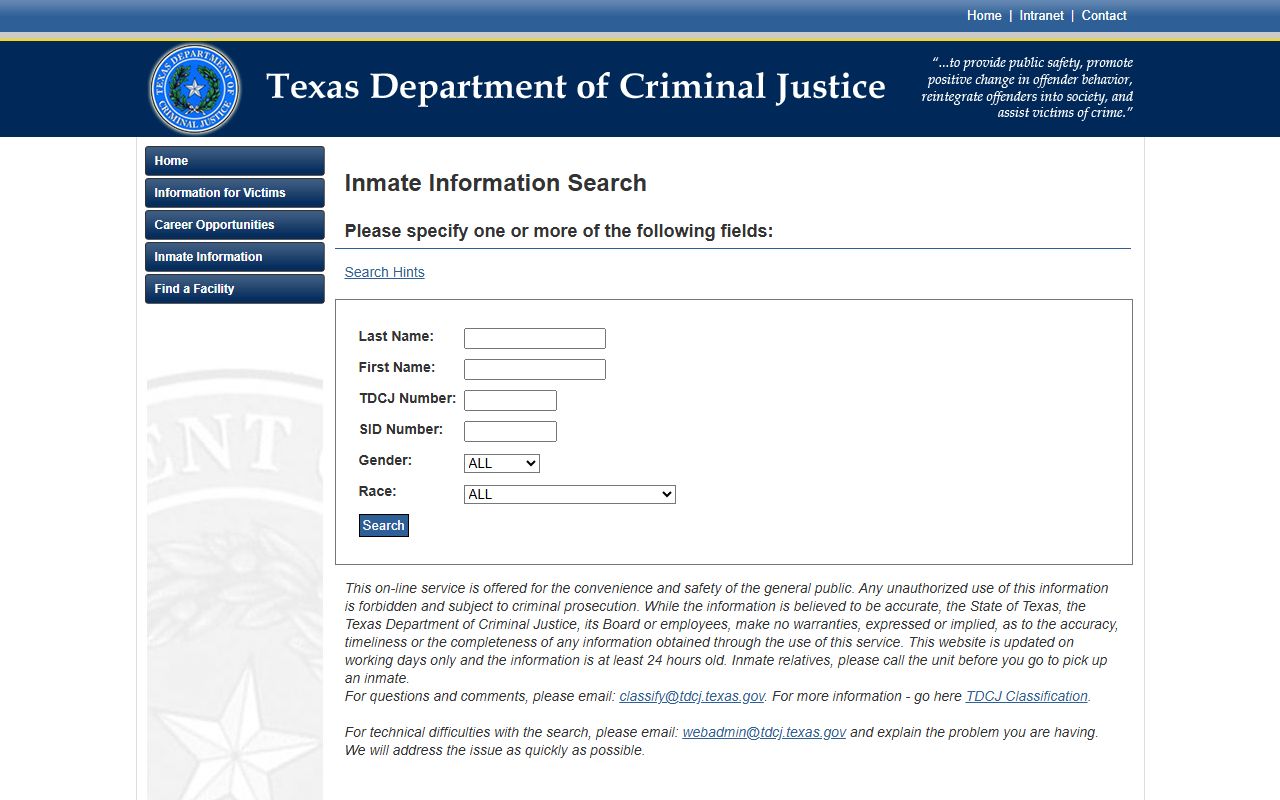Kenedy County inmate records TDCJ state prison inmate search form