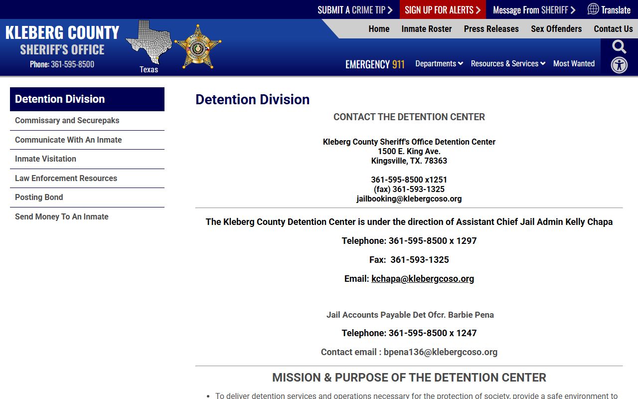 Kleberg County Sheriff's Office Detention Center inmate lookup contact page for Kenedy County