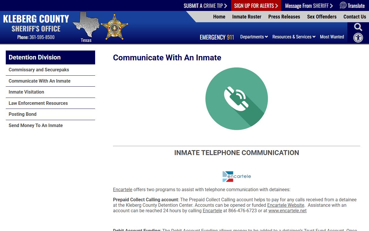 Kleberg County Sheriff's Office Detention Center phone video and mail information for Kenedy County inmate lookup