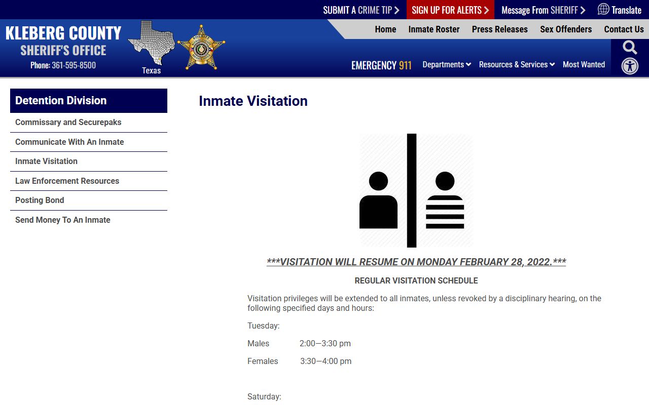 Kleberg County Sheriff's Office Detention Center visitation schedule for Kenedy County inmates